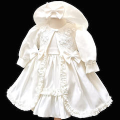 Baby Girls Ivory Frilly Bow Dress, Coat & Hat